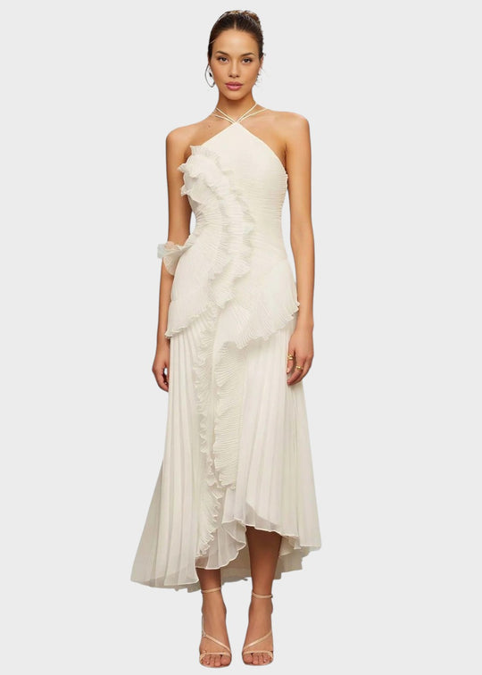 Vestido elegante con cuello halter y volantes en cascada - Vichy Signature