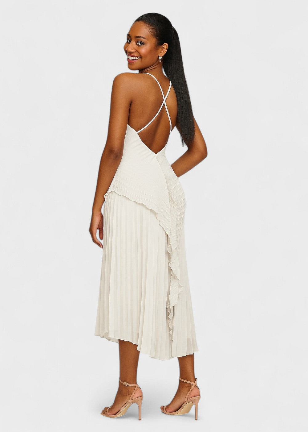 Vestido elegante con cuello halter y volantes en cascada - Vichy Signature