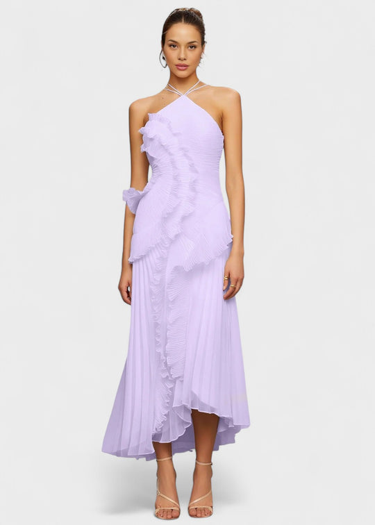 Vestido elegante con cuello halter y volantes en cascada - Vichy Signature