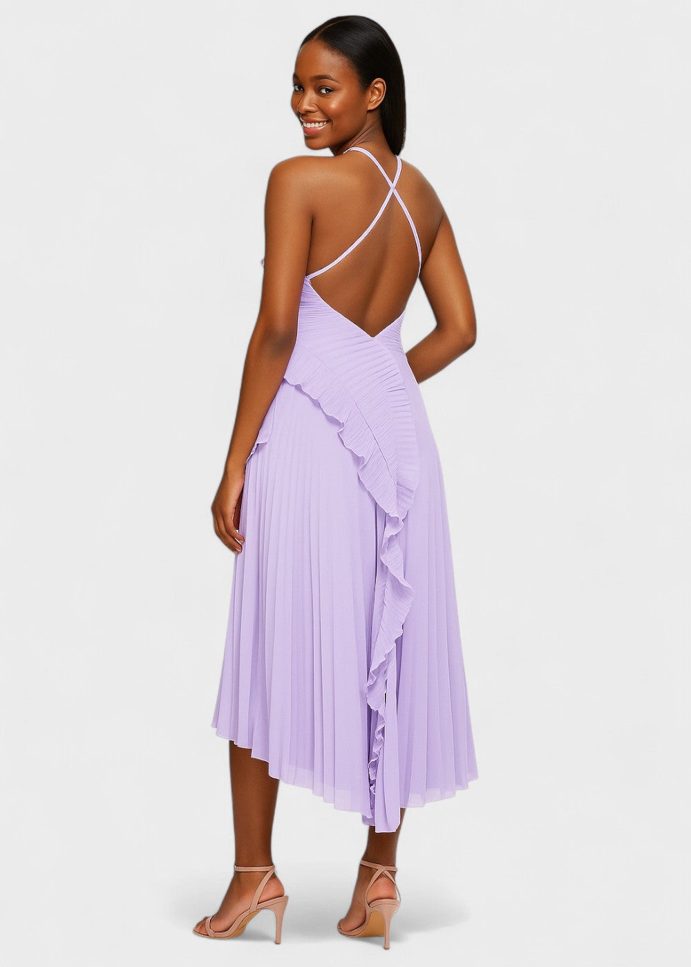 Vestido elegante con cuello halter y volantes en cascada - Vichy Signature