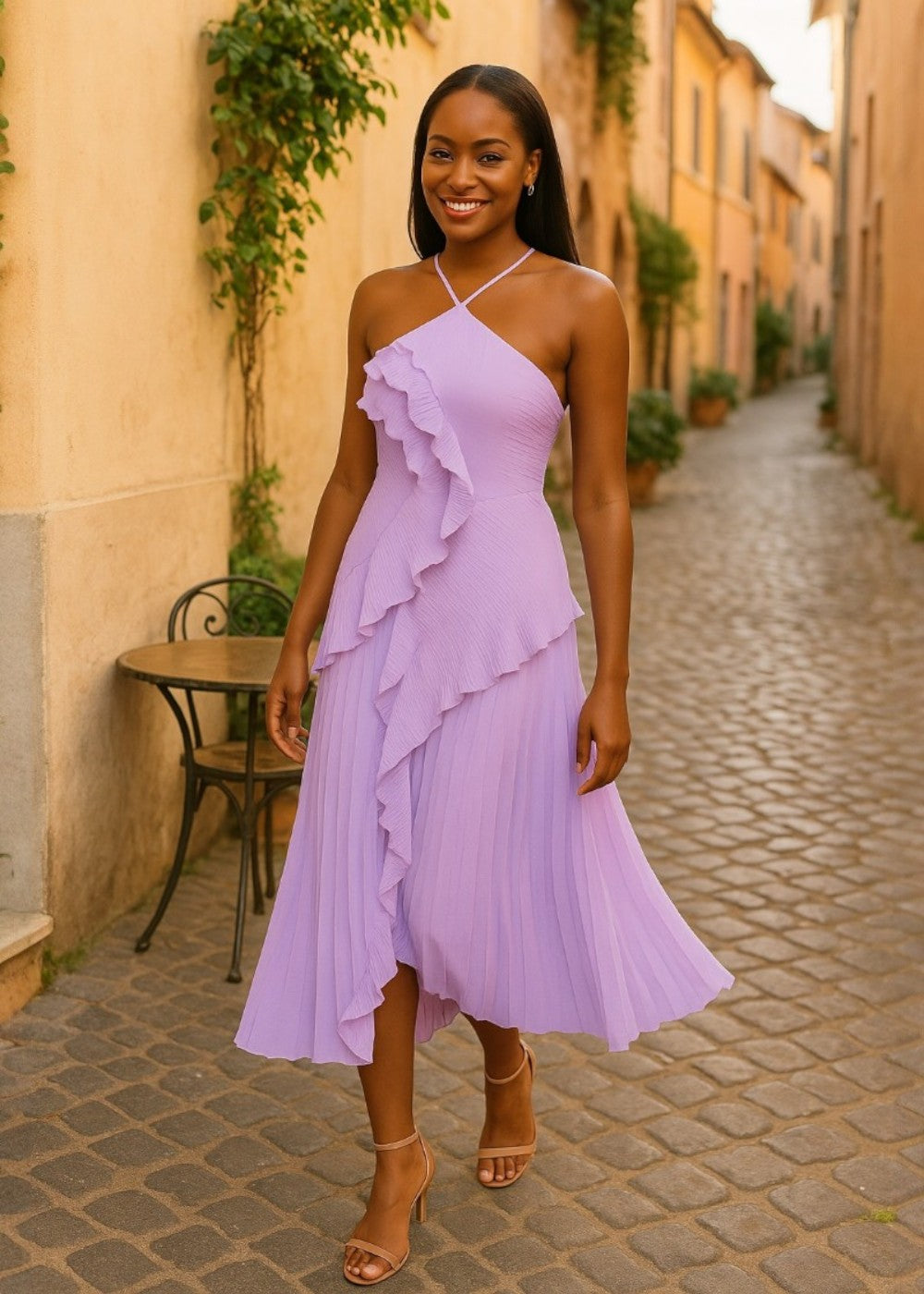 Vestido elegante con cuello halter y volantes en cascada - Vichy Signature