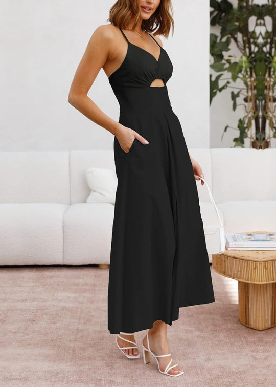 Joly - Vestido casual de fiesta en la playa sin mangas con escote en V, abertura y bolsillos