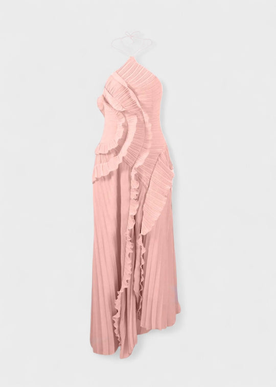 Vestido elegante con cuello halter y volantes en cascada - Vichy Signature