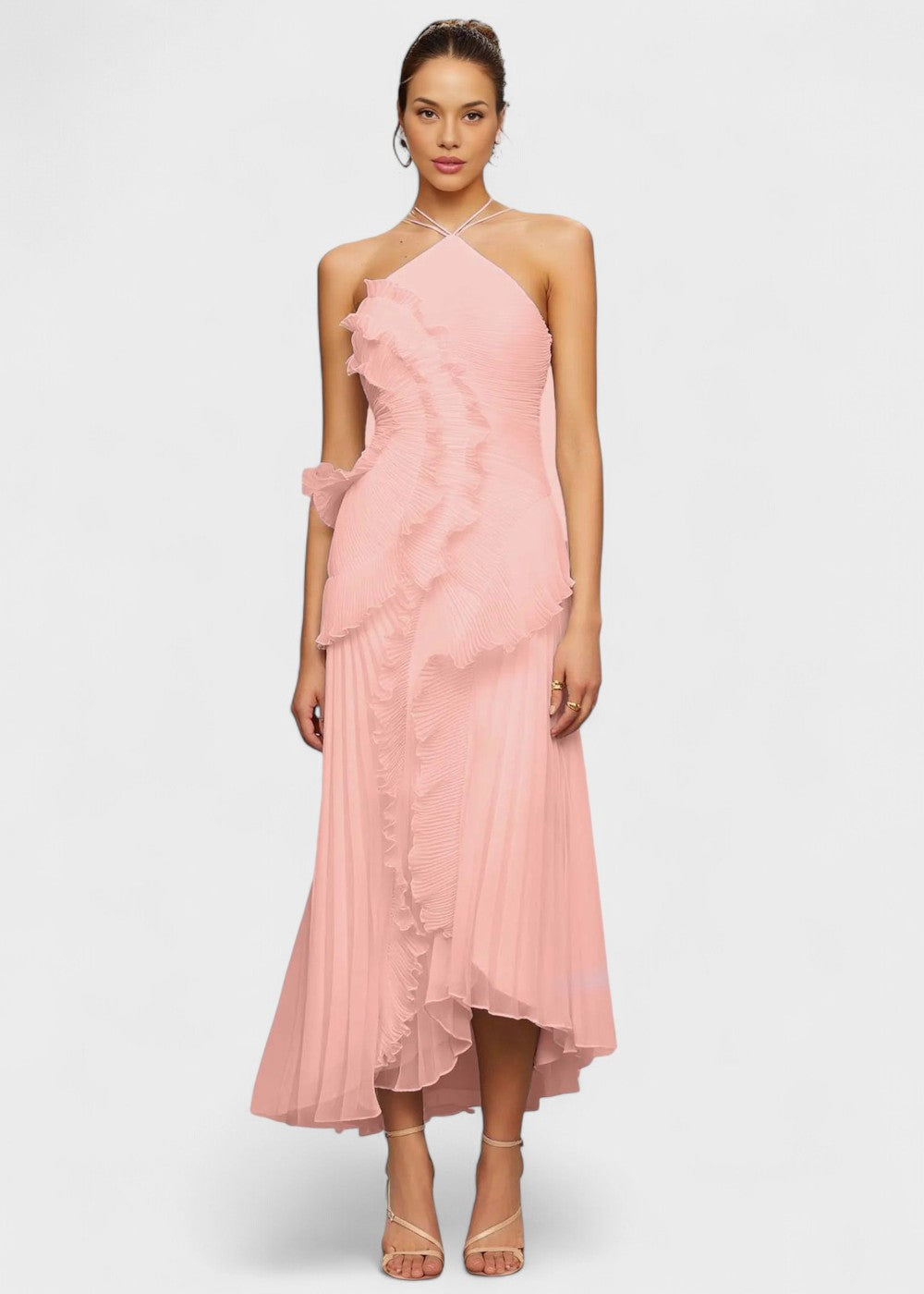 Vestido elegante con cuello halter y volantes en cascada - Vichy Signature